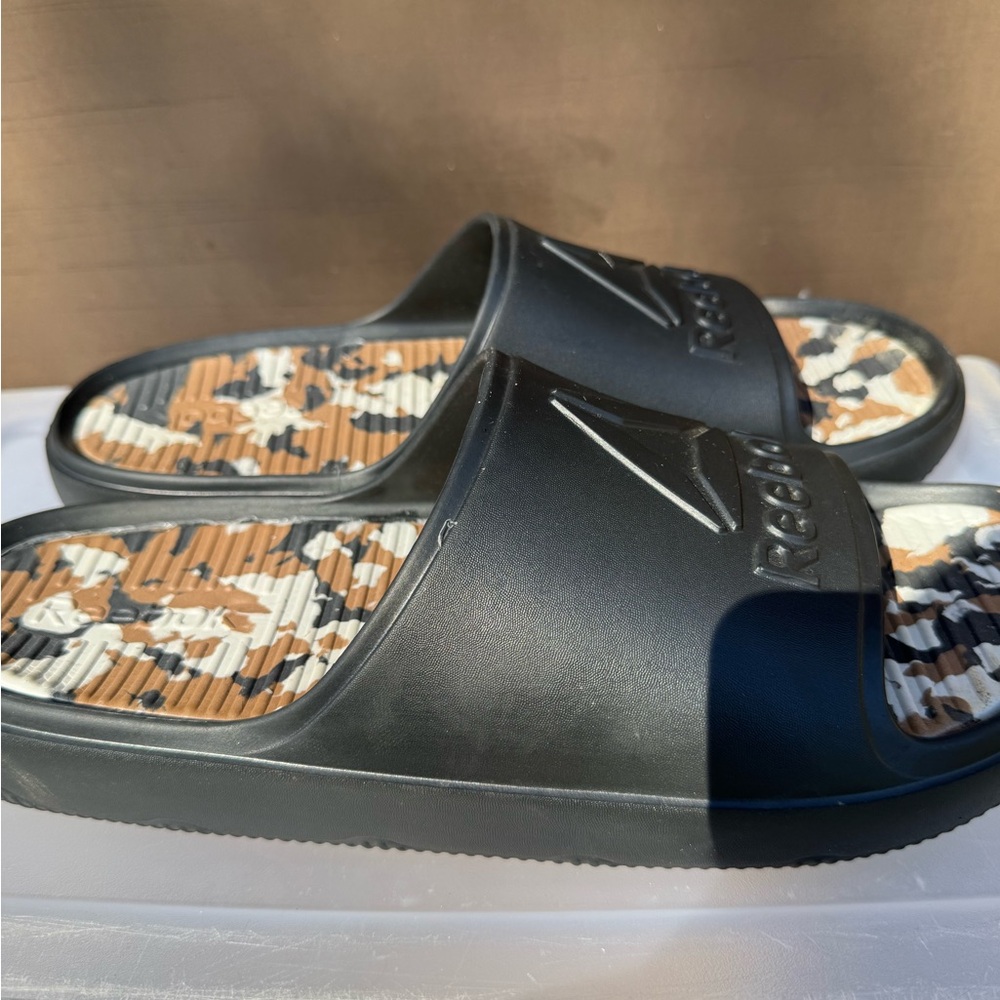 Reebok Black Slide Sandals with Brown & White Camo Footbed